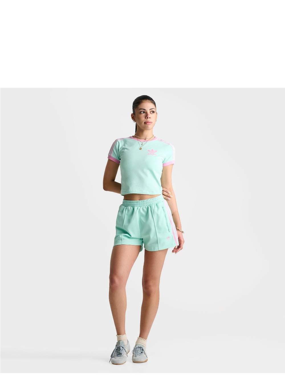 adidas Mint Crop Tee and Shorts Set with Pink Trim